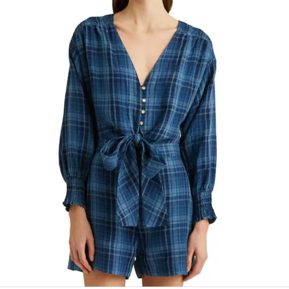 LAUREN RALPH LAUREN TEOFILA PLAID TISSUE LINEN ROMPER JUMPSUIT SIZE 2 - Picture 1 of 5